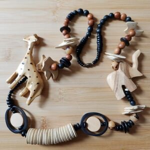 Vintage Hand Carved Wooden Animal Necklace